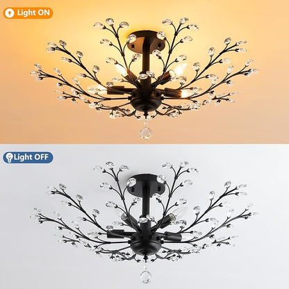Modern 5 Light Small Crystal Chandelier 30 Inch Black Semi Flush Mount Ceiling Light Fixture for Kitchen Dining Room Bedroom Entryway Living Room Hallway, E12