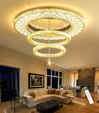 HAIXIANG 40 Inch LED Chandelier, Ceiling Light for Living Room Flush Mount Lighting Fixtures Remote Dimmable, Compatible with Sloped Dome Ceiling Install, Gold