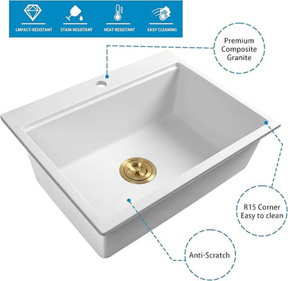 White Drop in Kitchen Sink 25 Inch - Undermount Granite Quartz Composite Workstation Sink - Deep Single Bowl,Dual Mount,with Accessories (White, 24.81" X 19.29")