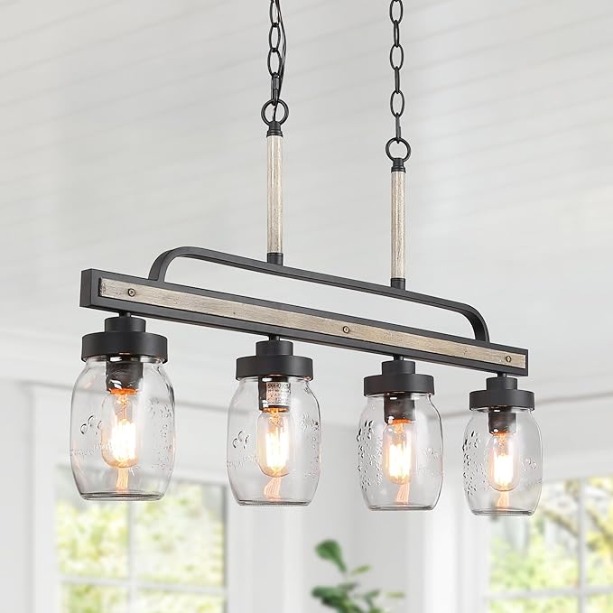 LOG BARN Farmhouse Chandeliers for Dining Room, 4-Light Rustic Mason Jar Chandelier Light Fixture, 30" L Faux Wood Kitchen Island Pendant Lighting