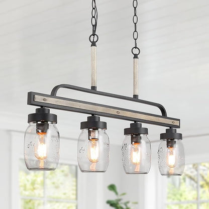LOG BARN Farmhouse Chandeliers for Dining Room, 4-Light Rustic Mason Jar Chandelier Light Fixture, 30" L Faux Wood Kitchen Island Pendant Lighting