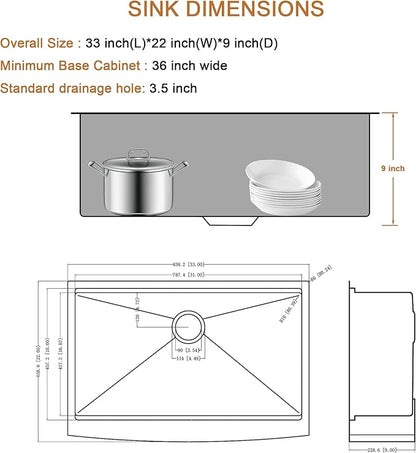 33 Farmhouse Kitchen Sink - 33x22 Inch Apron Front Farm Workstation Sink 16 Gauge Stainless Steel Single Bowl Deep Basin with Sliding Accessories