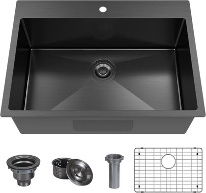 28 x 20 Inch Black Drop In Kitchen Bar Sink, Small Kitchen Sink Single Bowl Topmount Bar Prep Sink 18 Gauge Stainless Steel Bar Sink with Grid and Basket Strainer