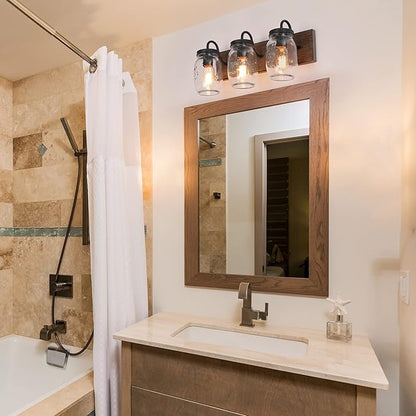LNC Bathroom Vanity Fixtures Farmhouse Mason Jar Lights with Faux Wood Finish, L18 x H8 x W9.5, Brown