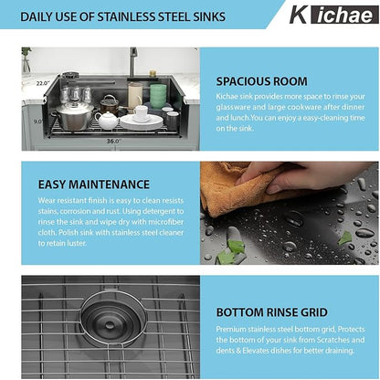 Kichae 36 Black Kitchen Sink Drop In Waterfall - 36x22 Drop Sink Stainless Steel 16 Gauge Single Bowl Waterfall Kitchen Sinks Workstation Handmade with Faucet & Glass Rinser