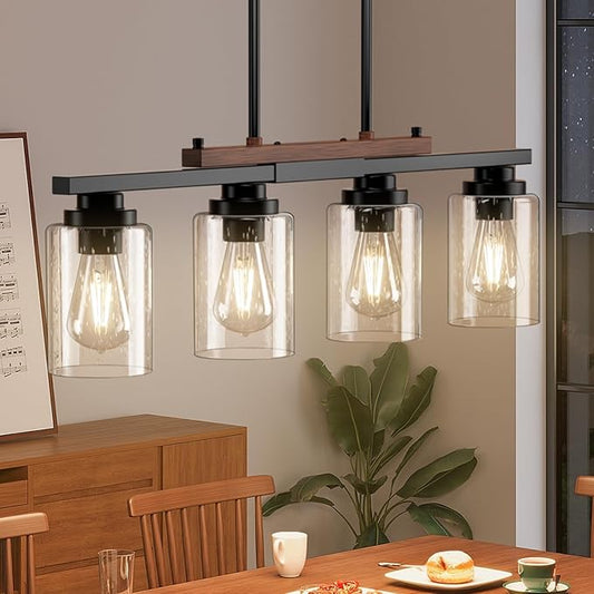 Amico Dining Room Light Fixture 4-Light Kitchen Island Lighting with Adjustable Rods, Farmhouse Decor Black Metal & Wood Chandelier with Seeded Glass Shade, Island Lights for Kitchen
