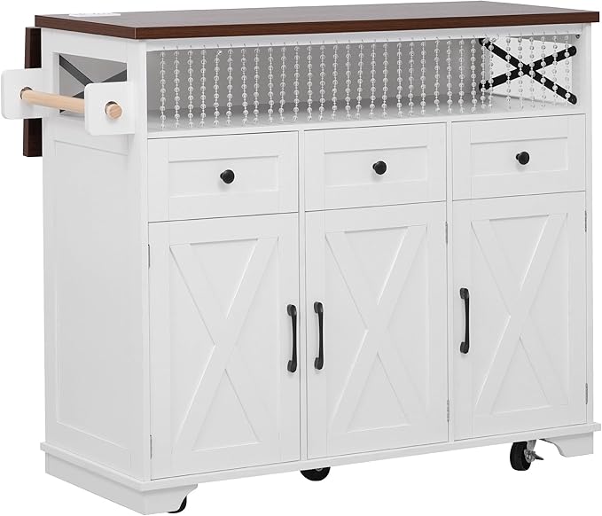 Bellemave 46.5" Farmhouse Kitchen Island cart with Charging Station and with Drape of Beads, Rolling Kitchen Island Table with Drop-Leaf, 3 Drawers, White