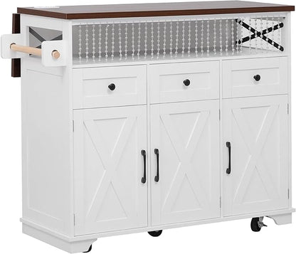 Bellemave 46.5" Farmhouse Kitchen Island cart with Charging Station and with Drape of Beads, Rolling Kitchen Island Table with Drop-Leaf, 3 Drawers, White
