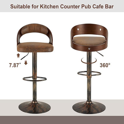 VECELO Bar Stools Set of 2,Adjustable Counter Height Stools with Bentwood Back,Armrest&Footrest,Swivel PU Leather Bar Chairs for Kitchen Island,Coffee Shop and Salon,Crescent Curve, Rustic Brown