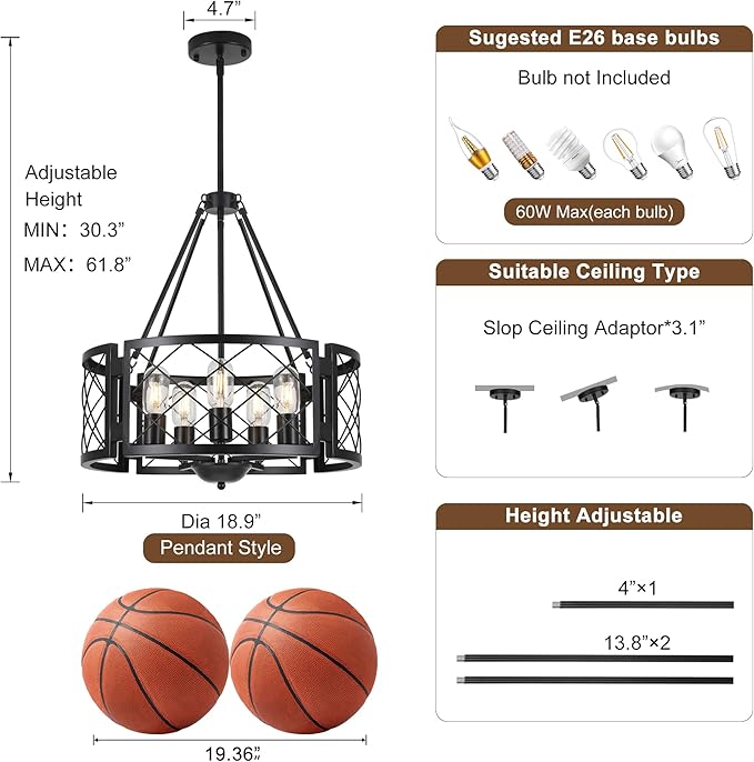 Sigaitwei 5-Light Farmhouse Chandelier Rustic Black Chandelier for Dining Room,Adjustable Pendant Light,Drum Chandelier for Kitchen Island Entryway Bedroom Hallway,18.9'',E26.