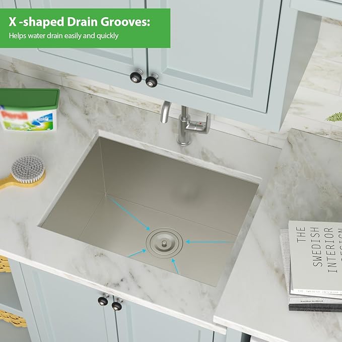 21 Inch Undermount Laundry Sink Utility 16 Gauge Stainless Steel Single Bowl 12 Inch Deep Under Counter Handmade Kitchen Sink Basin 21"x18"x12"