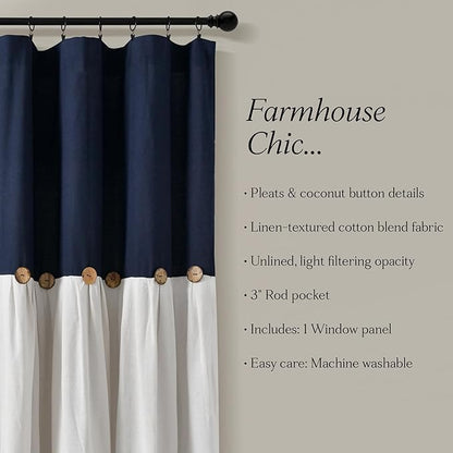 Lush Decor Linen Button Window Curtain Panel, Single, 100" W x 84" L, Navy & White - Country Curtains - Rustic Decor - Color Block Modern Farmhouse Curtains For Living Room, Bedroom & Dining Room