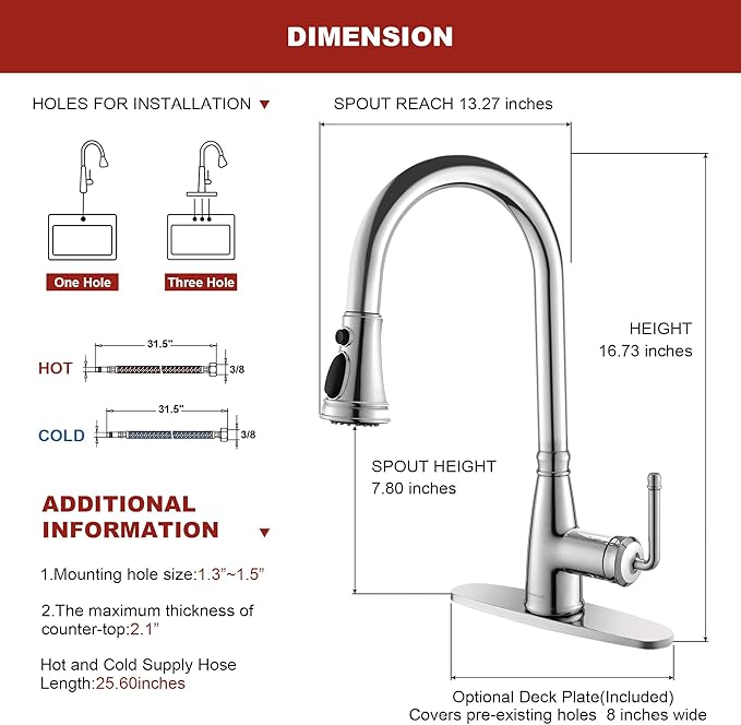 Kitchen Faucet with Pull Down Sprayer, 17 inch Polished Chrome Antique Single Handle Pull Out Kitchen Sink Faucet with Deck Plate for Classic Modern Ktichen
