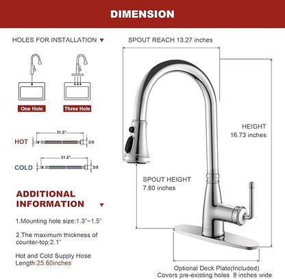 Kitchen Faucet with Pull Down Sprayer, 17 inch Polished Chrome Antique Single Handle Pull Out Kitchen Sink Faucet with Deck Plate for Classic Modern Ktichen