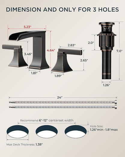 FORIOUS Antique Brass Waterfall Bathroom Faucets 3 Hole, 2 Handle Oil Rubbed Bronze Bathroom Sink Faucet Widespread with Metal Pop-up Drain and CUPC Supply Lines, for 4-16” Centerset Sink