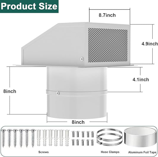 8 Inch Hooded Wall Vent Cover with Screen and Damper, Outdoor Wall Exhaust Vent Cover Wall Cap for Exterior Kitchen Range Hood Ventilation Dryer HVAC Duct Air Exhaust, Galvanized Steel - White