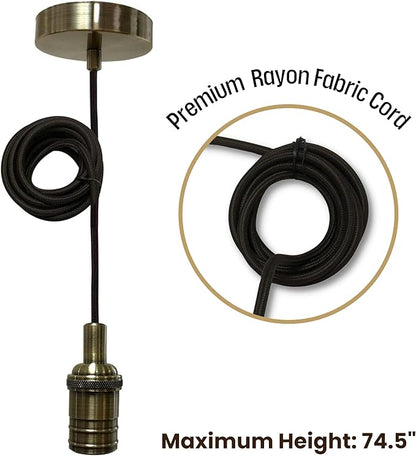 Royal Designs, Inc. Hanging Pendant Lighting, Vintage-Style Keyless Pendant Light Socket and Canopy, Antique Brass with Brown Rayon Fabric Cord
