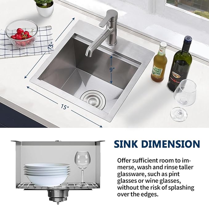 Friho Drop In Bar Sink, 15 x 15 Inch Wet Bar Sink 16 Gauge Stainless Steel 9 Inch Deep Single Bowl Outdoor Rv Sink with Dish Grid and Cutting Board