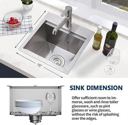 Friho Drop In Bar Sink, 15 x 15 Inch Wet Bar Sink 16 Gauge Stainless Steel 9 Inch Deep Single Bowl Outdoor Rv Sink with Dish Grid and Cutting Board