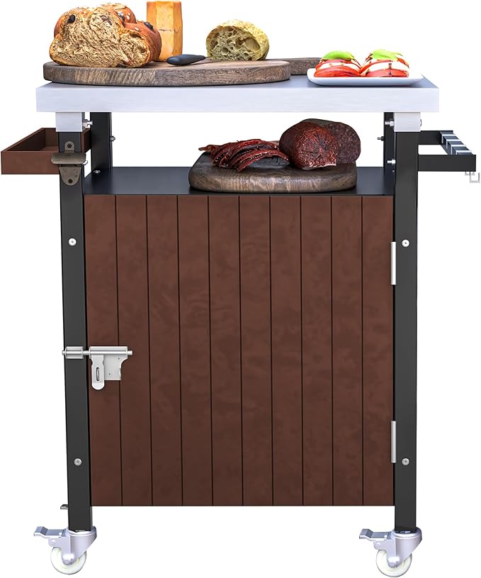 Modern Dining Table Outdoor Grill Cart with Stainless Steel Tabletop Patio Kitchen Island Wheels Hooks Spice Rack Waterproof Movable Wood Console,Brown