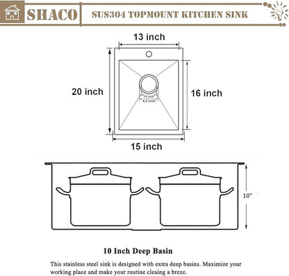 SHACO Gold 15 x 20 Inch Drop In Bar Sink, 16 Gauge Stainless Steel Topmount Small Kitchen Single Basin Sink for Wet Prep RV Laundry with Dish Grid & Drain, 15x20 Top Mount