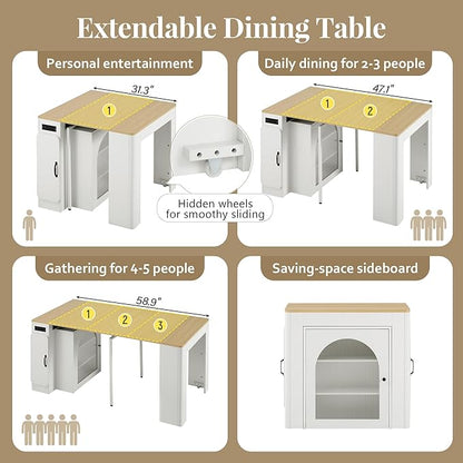 Modern Extendable Dining Table with Removable Leaves, Mobile Rolling Island with Power Outlet & Storage Cabinet - Space Saving Kitchen & Dining Room Furniture with Sturdy Frame Construction, Easy Asse