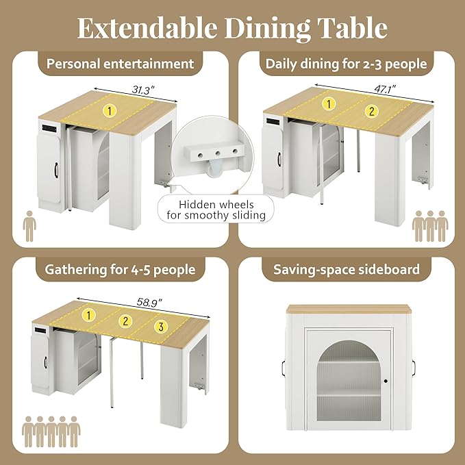 Extendable Dining Table with 3 Removable Leaves, Folding Console Table with Storage, Power Outlet, LED Light, Rolling Kitchen Island with Fluted Glass Doors, Cream White/Natural