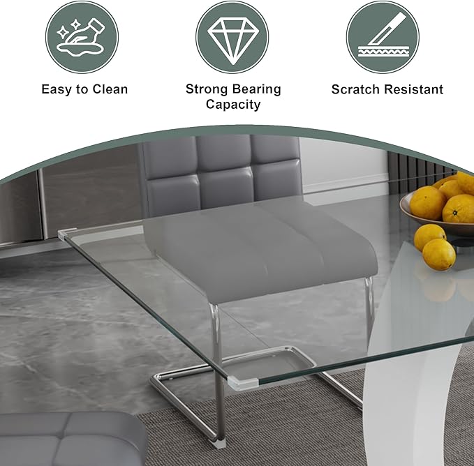 5-Piece Glass Dining Table Set, 63" White Kitchen Table with O-Shape MDF Base, Dining Room Set for 4 with 4 Leather Upholstered Chair for Kitchen, Dining Room (Gray,Silver)