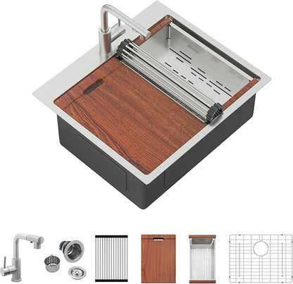 Mocoloo 25 Inch Kitchen Sink with Faucet, 16 Gauge Drop in Workstation Sink - 25x22x9" Stainless Steel Single Bowl Small Rv Kitchen Sink with Pull-Out Faucet