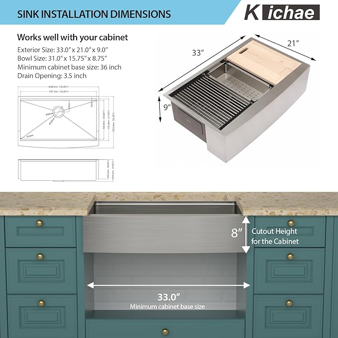 Kichae 33 Farmhouse Sink Stainless Steel - 33 Inch Kitchen Sink Apron Front Ledge Workstation 16 Gauge Stainless Steel Single Bowl Handmade Farm Style Kitchen Sinks