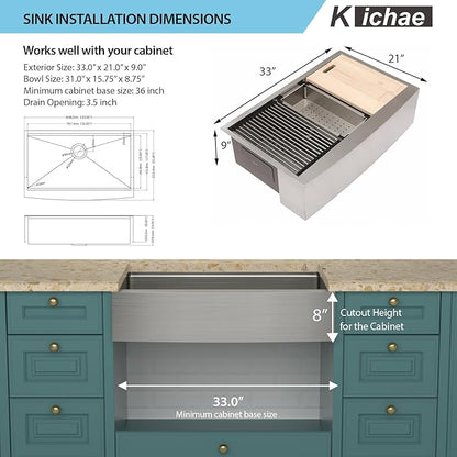 Kichae 33 Farmhouse Sink Stainless Steel - 33 Inch Kitchen Sink Apron Front Ledge Workstation 16 Gauge Stainless Steel Single Bowl Handmade Farm Style Kitchen Sinks