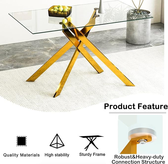 Henf 51.18'' Glass Dining Table for 4-6 People, Rectangular Kitchen Table with Gold Metal Legs, Tempered Glass Top Dining Room Table for 4