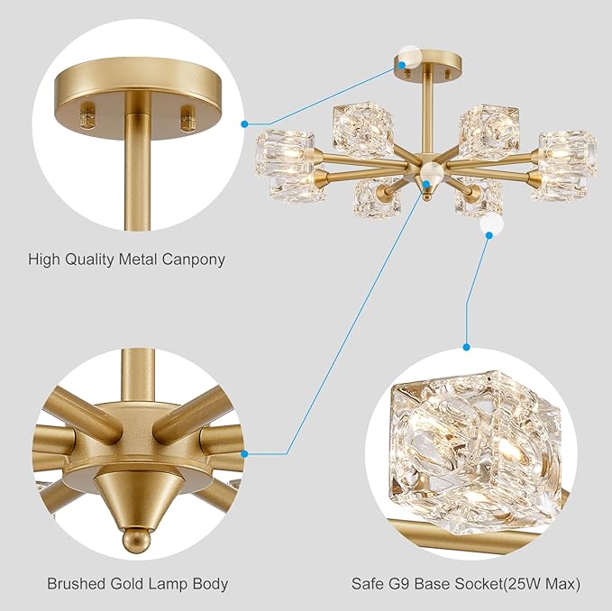 XINGQI Semi Flush Mount Ceiling Light Fixture Modern Sputnik Chandeliers 8 Lights Gold Chandelier, Fashion Lighting for Bedroom Dining Room Farmhouse Kitchen Office