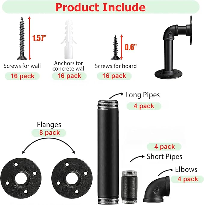 Industrial L Pipe Shelf Brackets for 6-12 in Depth Wood,Heavy-Duty 3/4" Iron,Wall Mount Floating Shelf Bracket L Metal Pipe Shelving Brackets for Wood-Black DIY Pipe Shelves(5.5*3.1 Inch 4 Pack)