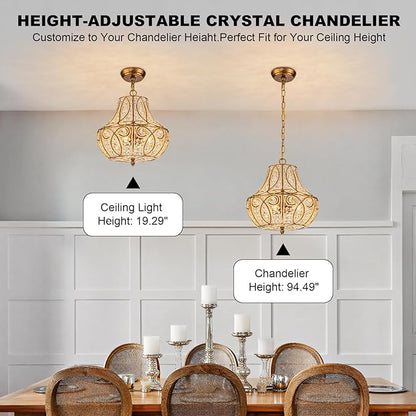 4-Light Antique Gold Gourd Beaded Chandelier, 13" Vintage Crystal Pendant Lighting Fixture for Dining Room, Living Room, Kitchen Island, Bedroom