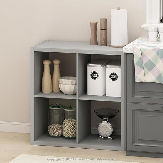 Furinno HERMITE Kitchen Island, 4-Cube Coffee Bar, Extra Thick Kitchen Storage, Bakers Rack, for Pantry Organizers and Storage, Kitchen Organization, Light Grey
