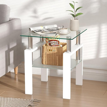 IANIYA Modern Glass Side Table, 2-Tier End Table with Tempered Glass Top & Metal Legs, Night Stand Corner Small Table for Living Room, Bedroom, Small Space White