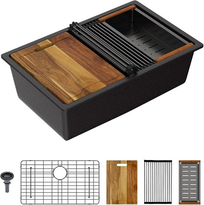 Lordear 30 Inch Black Granite Composite Kitchen Sink Workstation 30x19 Matte Black Undermount Quartz Sinks Under Counter Single Bowl Sink with Black Accessories