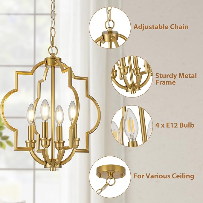 4-Light Brushed Gold Chandeliers for Dining Room, 15.6" Farmhouse Geometric Pendant Light Fixture for Entryway Foyer Kitchen Bathroom Over Sink