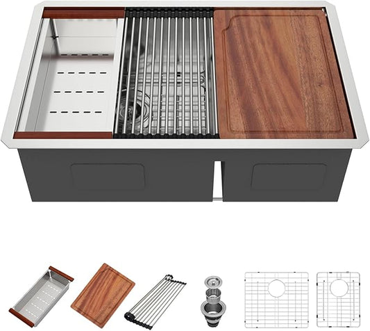 30 Undermount Kitchen Sink - 30x19 Double Bowl Kitchen Sinks Workstation 16 Gauge Stainless Steel Sink Low Divide Double Basin 60/40