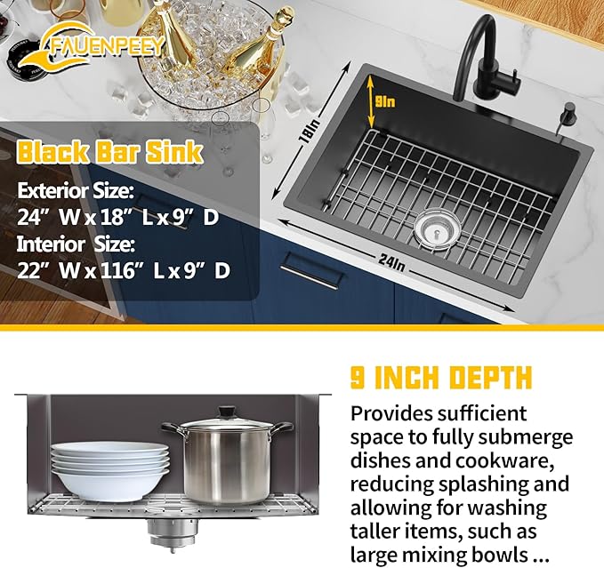 Black Kitchen Sink,24x18 Inch Stainless Steel Undermount Kitchen&Bar Sink Drop In Stylish And Modern Look With Bottom Grid,Silicon Mat And Drain Assembly Add Elegance & Enhance Usability