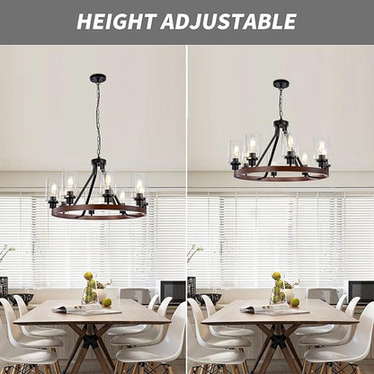 Lanhall 8-Light Farmhose Chandelier for Dining Room Light Fixture Faux Wood Kitchen Pendant Light Round Rustic Ceiling Hanging Lighting with Glass Globes Adjustable Height Metal E26