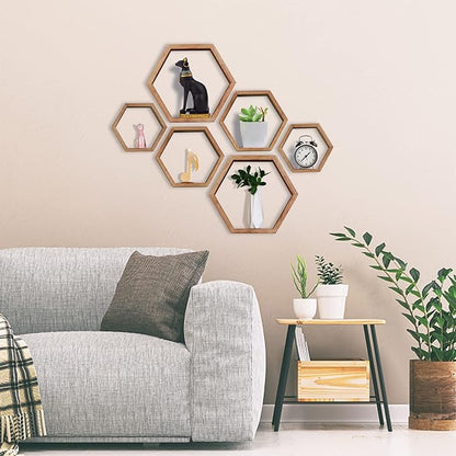 PHOENANCEE Hexagon Floating Shelves,Honeycomb Shelf,Wall Mounted Rustic Wood Octagon Hanging Storage Shelves Set of 3 for Living Room Bedroom Bathroom Office Hexagonal Decor(Carbonized Black)