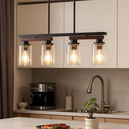 4-Light Kitchen Island Lighting & Farmhouse Dining Room Light Fixtures Over Table, Rustic Wood Linear Chandelier Adjustable Ceiling Hanging Pendant- Rotating Design, Customizable Shapes, Clear Glass