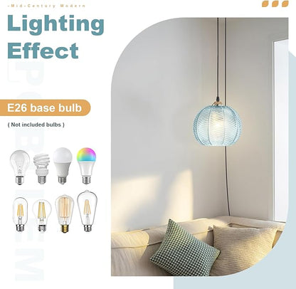 Blue Glass Plug in Pendant Light for Ceiling, 8.6" Plug in Hanging Lamp Pendant 14.76 FT Corded Light Fixture for Kitchen Plant Corner Living Room Office, Retro Plant Light