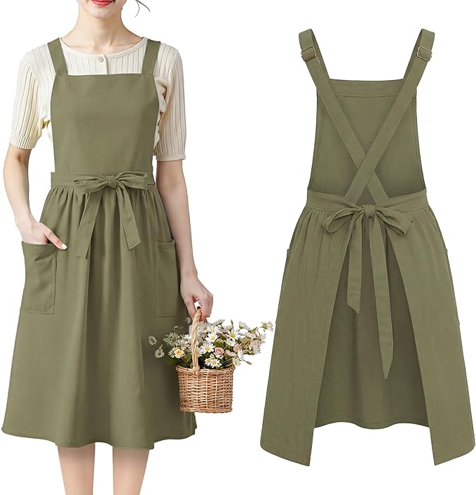 100% Cotton Aprons with Pockets Pinafore Dress for Women Vintage Cute Aprons for Kitchen Baking Gardening Painting