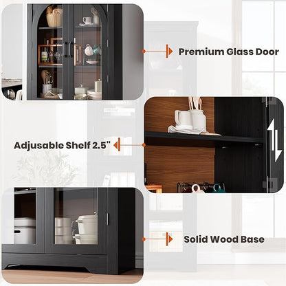 Garvee 70" Tall Kitchen Pantry Cabinet - Modern Display Cabinet with 4 Arched Glass Doors and Adjustable Shelves, Versatile Cupboard Organizers for Kitchen, Dining Room, Living Room, Bathroom, Black