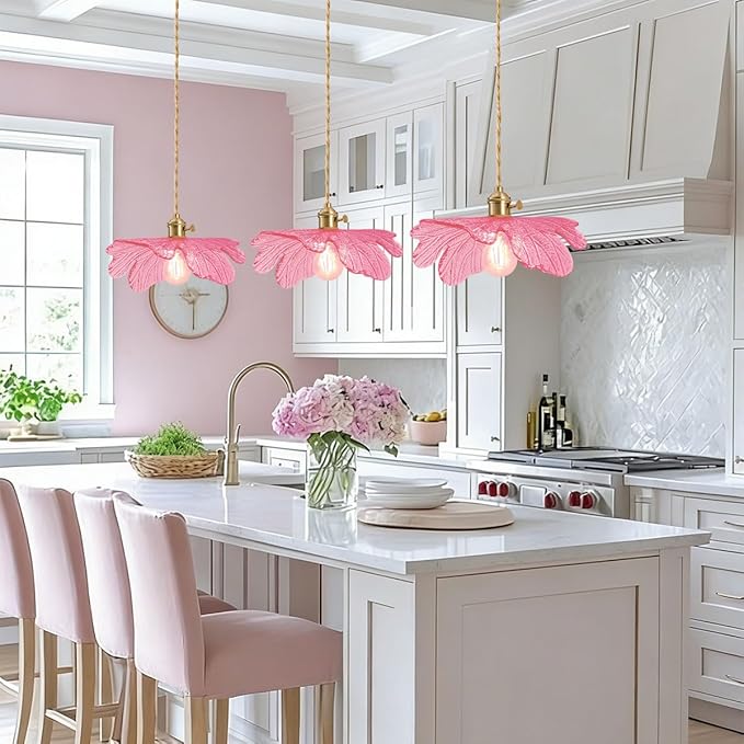 Pink Plug in Glass Pendant Light Mid Century Hanging Lamp Girls Room Plug in Ceiling Hanging Lights with 14.7 ft Long Cord for Living Room Dining Room Bedroom Kitchen Island