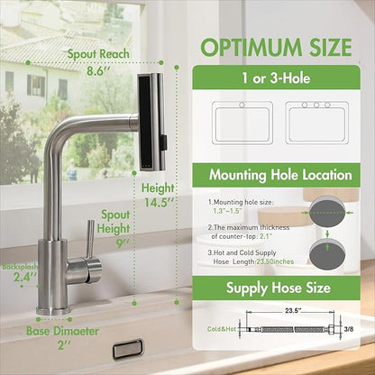 CENOSA Kitchen Faucet with Pull Down Sprayer Brushed Nickel Waterfall Sink Faucet Suitable for RV, Laundry Room, and Campers