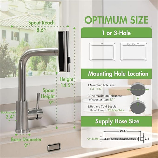 CENOSA Kitchen Faucet with Pull Down Sprayer Brushed Nickel Waterfall Sink Faucet Suitable for RV, Laundry Room, and Campers